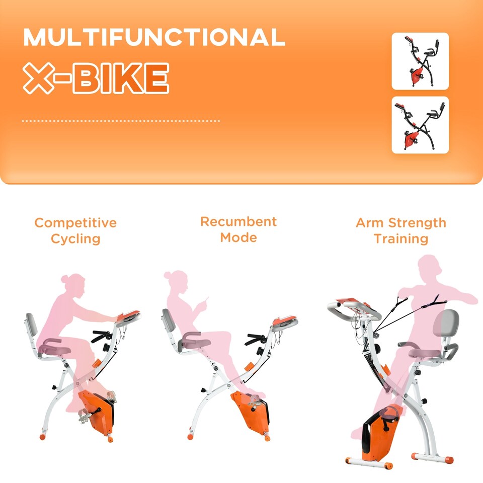 image 1 of HOMCOM 2-In-1 Folding Exercise Bike with 8-Level Magnetic Resistance Orange