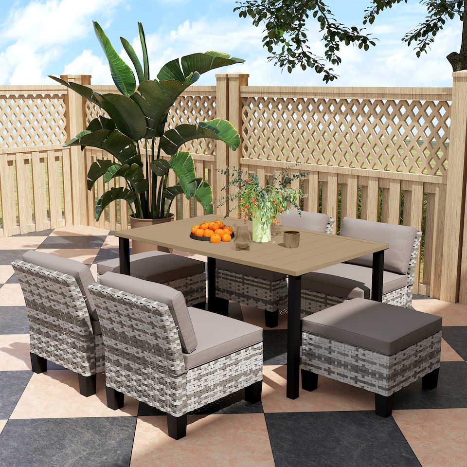 image 1 of Outsunny 7 PCS Rattan Garden Dining Set with Cushions, Umbrella Hole, Grey | Grey | Grey | 1