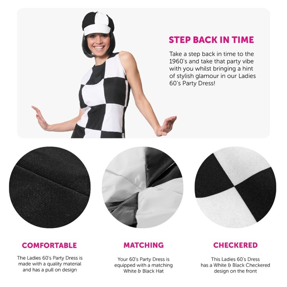 image 1 of 60s Black and White Chequered Dress Costume Black | M