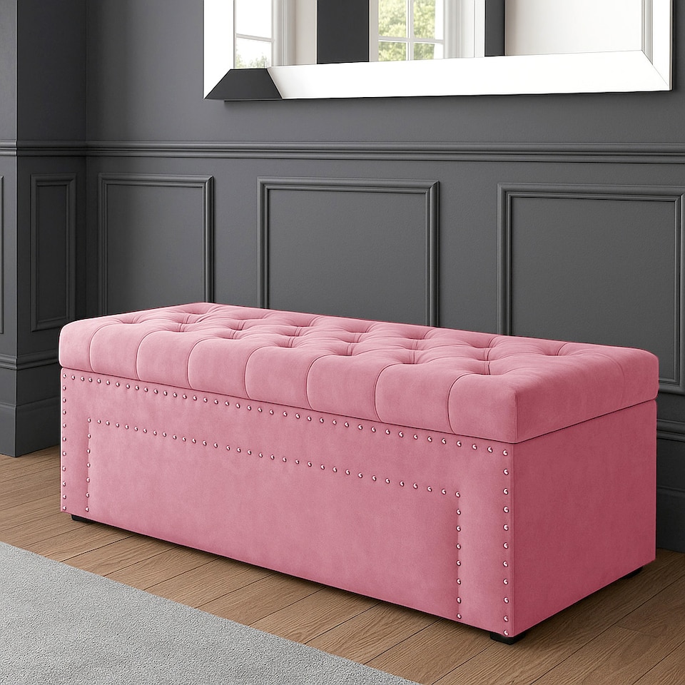 image 1 of 150cm Duke Ottoman Storage Box -Upholstered Blanket Box - Pink Plush Velvet Multifunctional Storage Box