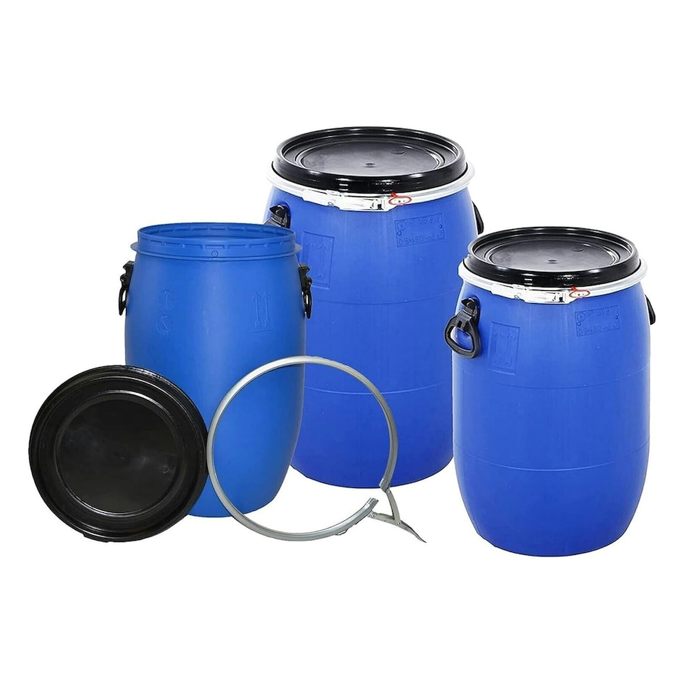 image 1 of 30 Litre Plastic Blue Open Top Storage Barrel Drum Keg with Lid & Latch Ring | Blue