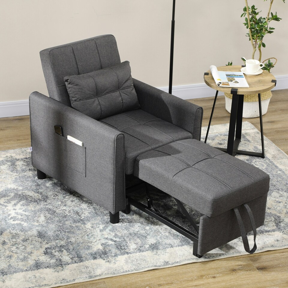 HOMCOM Pull Out Sleeper Chair Bed with Pillow, Grey