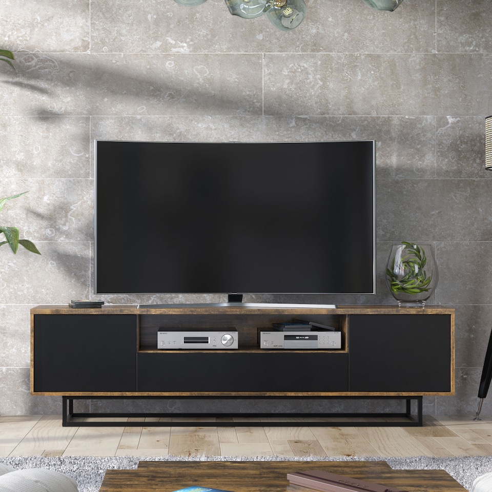 image 1 of TV Unit Sideboard Cabinet Storage Cabinet Oak Black Industrial Media Console 200cm
