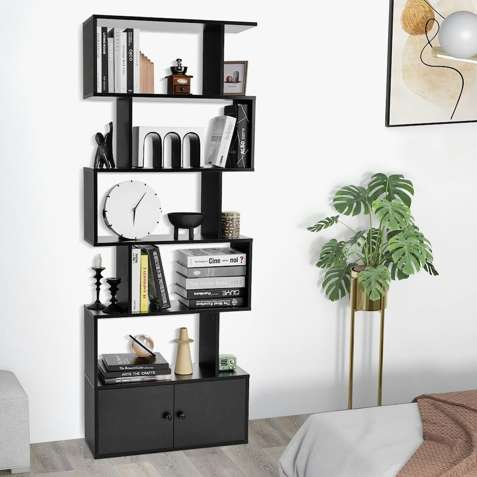 image 1 of COSTWAY 5-tier Bookcase S-Shaped Bookshelf Display Rack Black Black