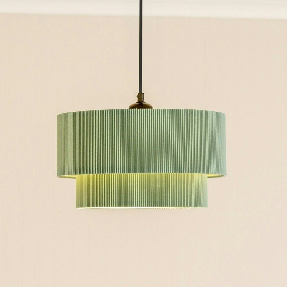 image 1 of ValueLights Mason Ruched Crinkle Green Fabric Two Tier Ceiling Floor Table Lamp Shade