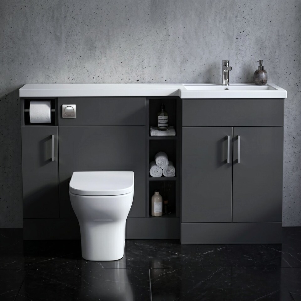 image 1 of Balterley Wichnor Floor Standing 3 Door, Open Shelf Vanity Basin WC Unit with Toilet Roll Holder and Polymarble Basin, 1500mm, Left Hand, Dark Grey