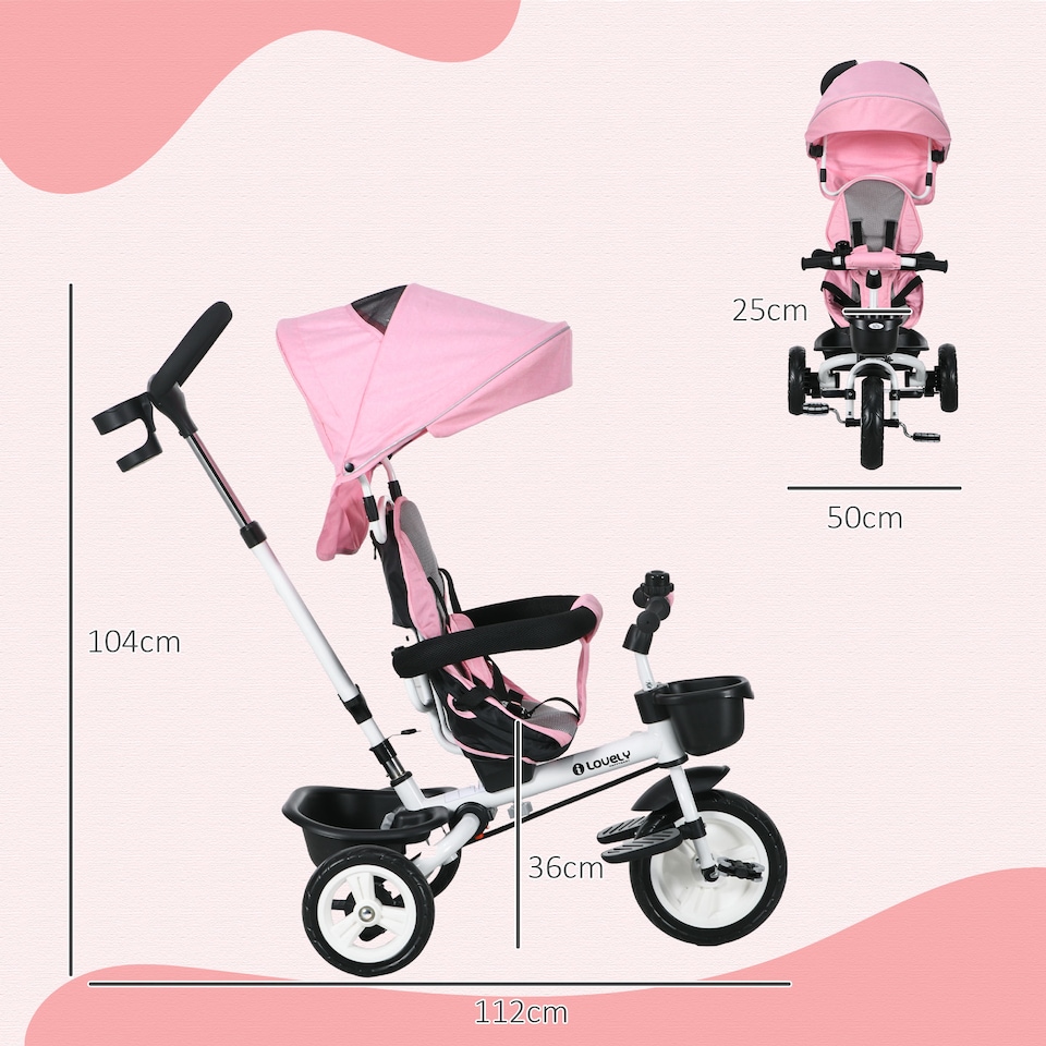 image 1 of HOMCOM 6 in 1 Kids Trike for 1-5 Years, Toddler Tricycle Folding Bike with Parent Handle, Reversible Seat, Storage Basket, Canopy, 5-point Seat Harness, Pink
