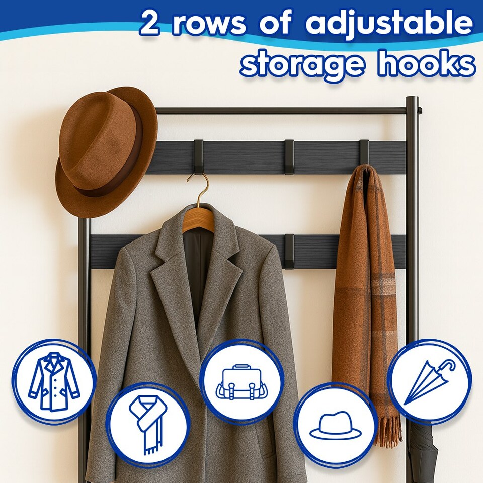 image 1 of Harbour Housewares Square Steel Coat Rack with Shoe Storage Bench - Coat Rack Coat Stand Hat Stand Clothing Rail Hooks S