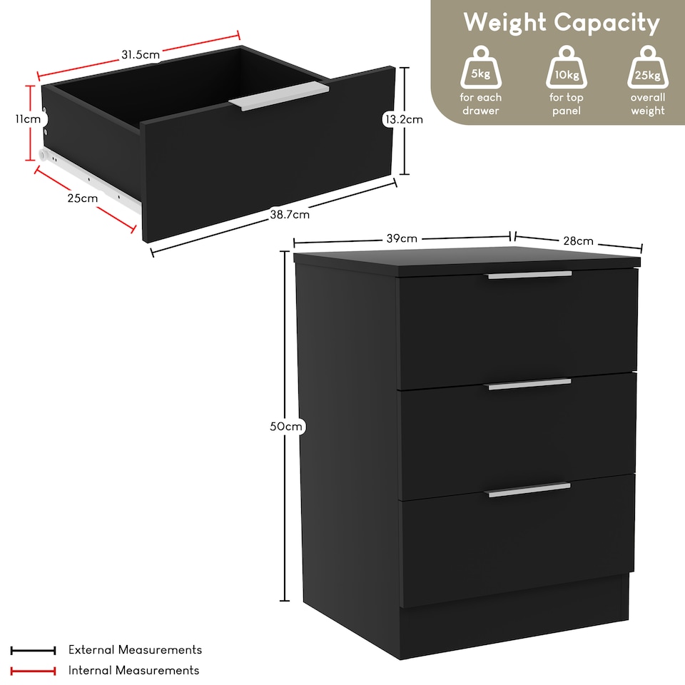 image 1 of Vida Designs Trega 3 Drawer Bedside Chest Bedroom Nightstand Storage Unit - Black