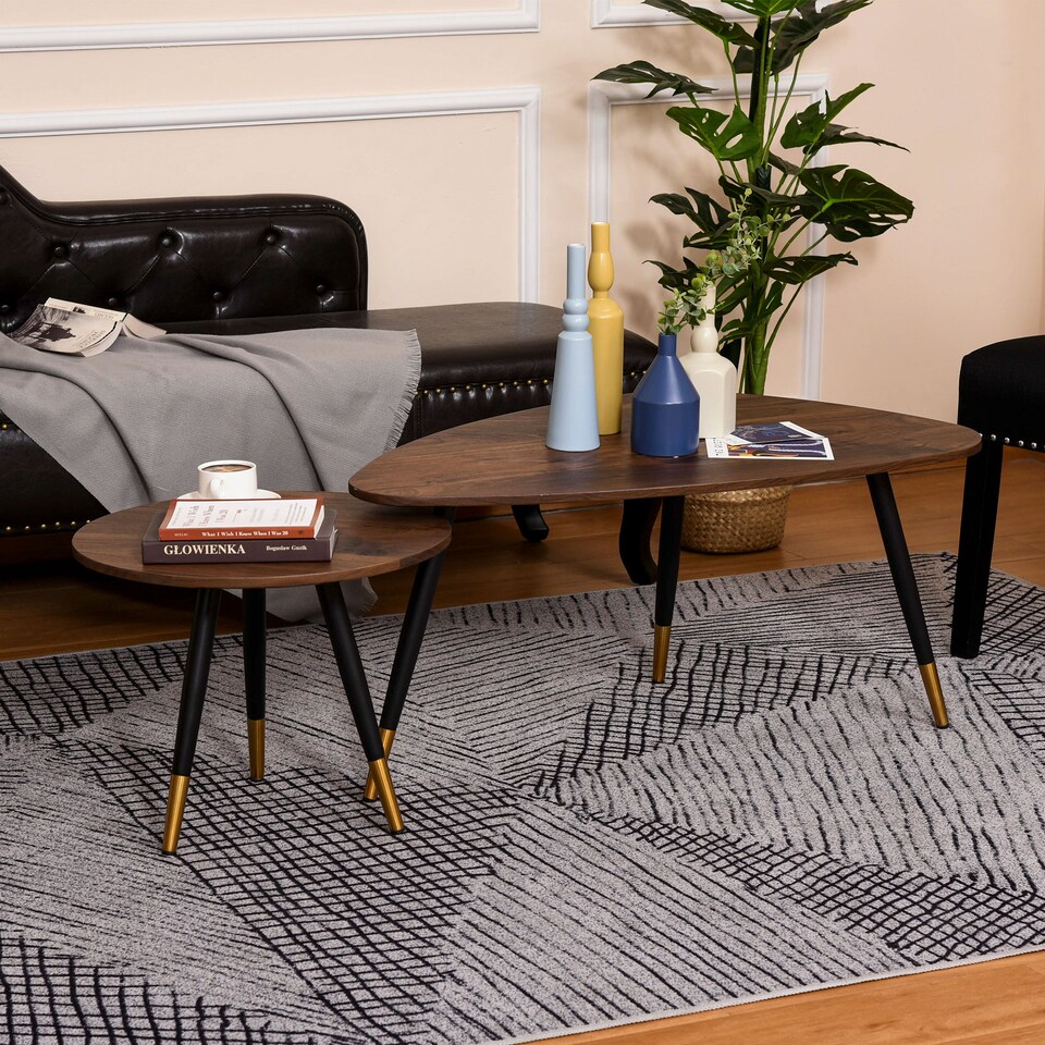 image 1 of HOMCOM Coffee Table Set of 2, Nesting Coffee End Tables with Modern Decor, Side Table Triangle Occasional Stand Tea Table for Living Room Home and Office, Walnut | Yellow