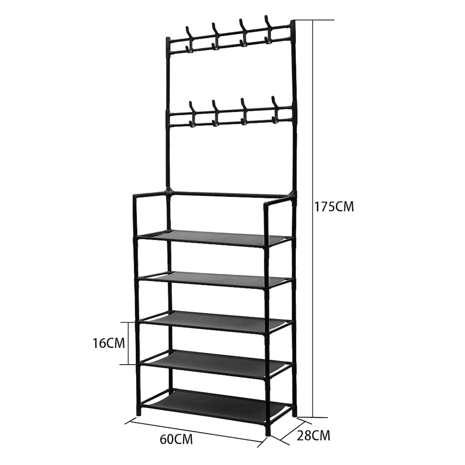 image 1 of Living and Home 5-Tier Freestanding Coat Rack with Shelves - 60x175cm Black