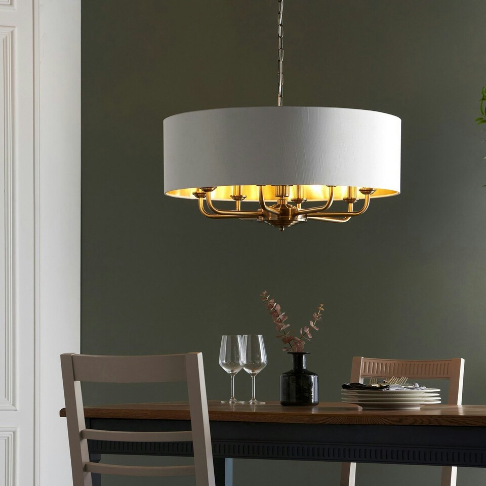 image 1 of Highclere Single Shade Pendant Ceiling Lamp, Antique Brass Plate, Vintage White Fabric