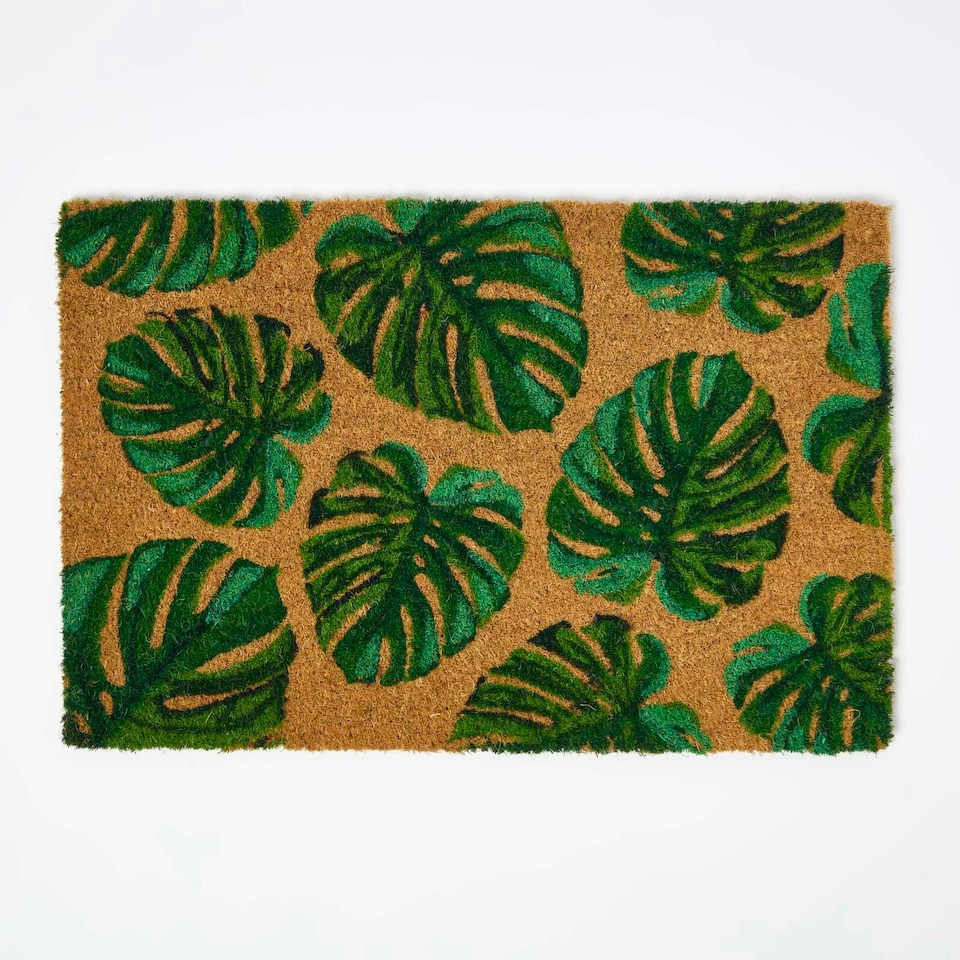 image 1 of Homescapes Coir Doormat Green Tropical Leaves - 40 x 60 cm