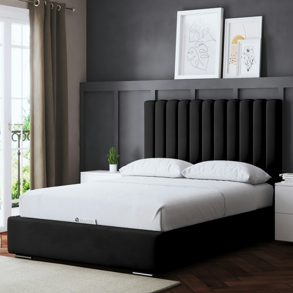 image 1 of Evangeline Divan Bed with Upholstered Headboard - Black - King / 5ft