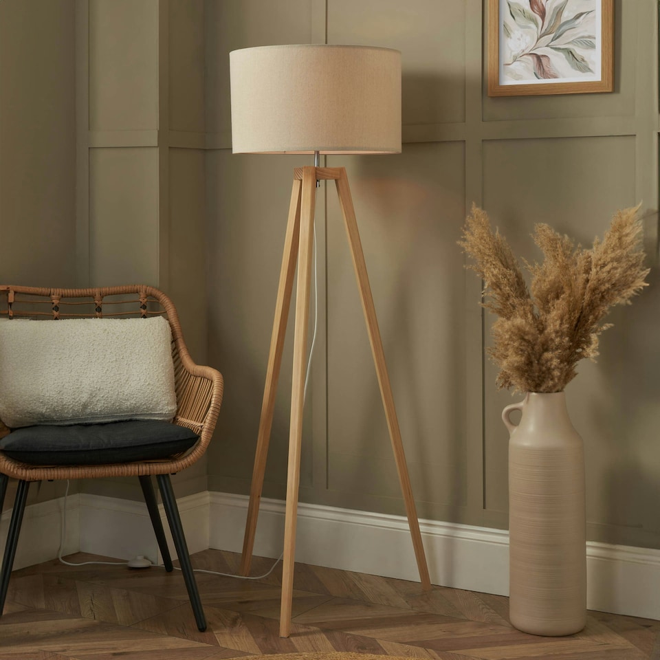image 1 of BHS Keeley Wooden Tripod Floor Lamp | Brown | Oak | 1