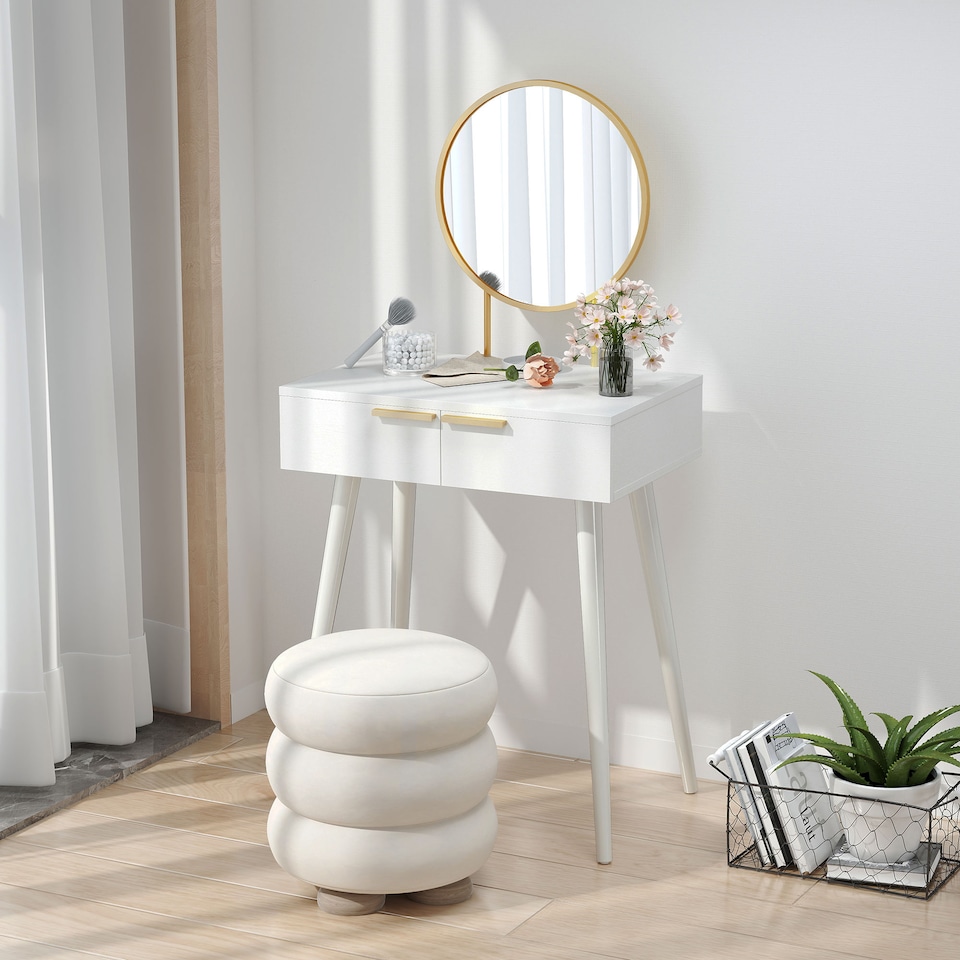 image 1 of HOMCOM Modern Dressing Table with Round Mirror, Makeup Vanity Table with 2 Drawers for Bedroom, Living Room, 60 x 40 x 123 cm, White | White | White