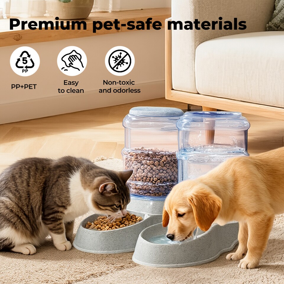 image 1 of Skylos 2 Packs Automatic Food Feeder Waterer Set Plastic Dispenser Dog Cat 3.5L