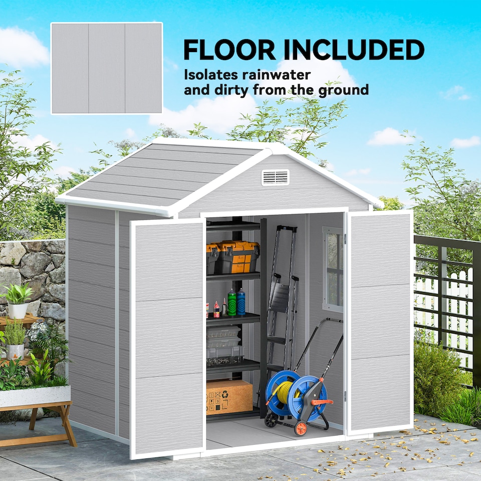 image 1 of Outsunny 6 x 5ft Garden Shed, Plastic Shed with Floor, Window, Lockable Doors and Vents, Wood Effect Resin Tool Shed for Outdoor Patio, Light Grey | Grey | 1