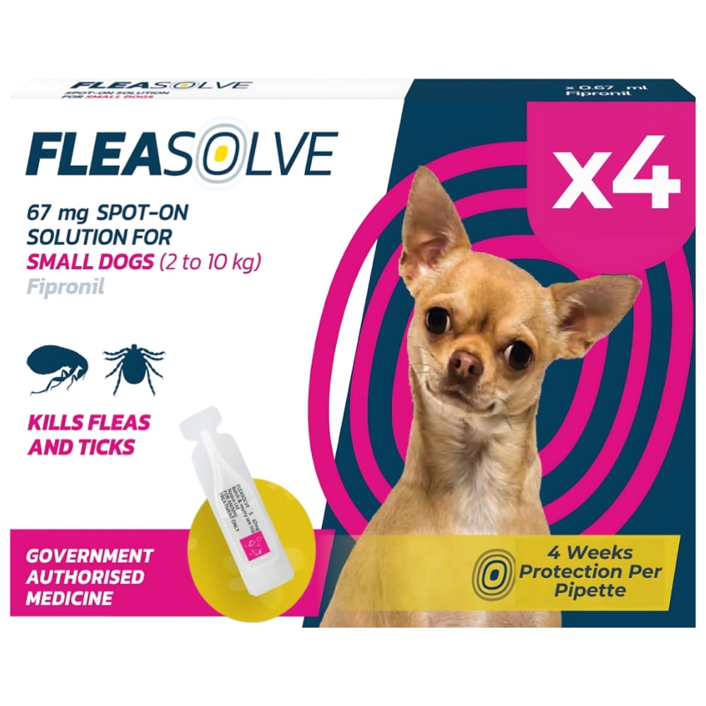 Dog Flea Treatment Small Dog x 4 - Spot on Flea Treatment for Dogs Small 2-10kg - FleaSolve Flea & Tick Solution - 4 Pipettes - 4 Doses