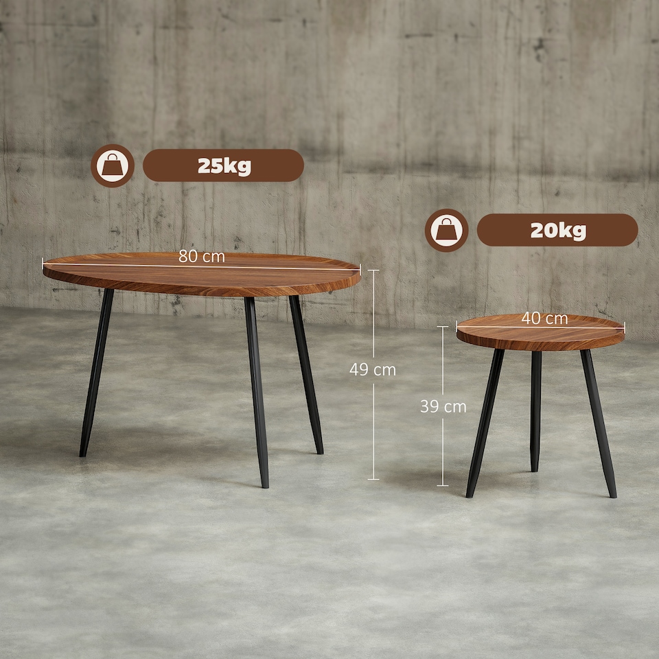 image 1 of HOMCOM Nesting Coffee Table Set of 2, 80cm Modern Stacking End Side Table with Metal Legs for Living Room Bedroom Office, Chestnut Wood Effect