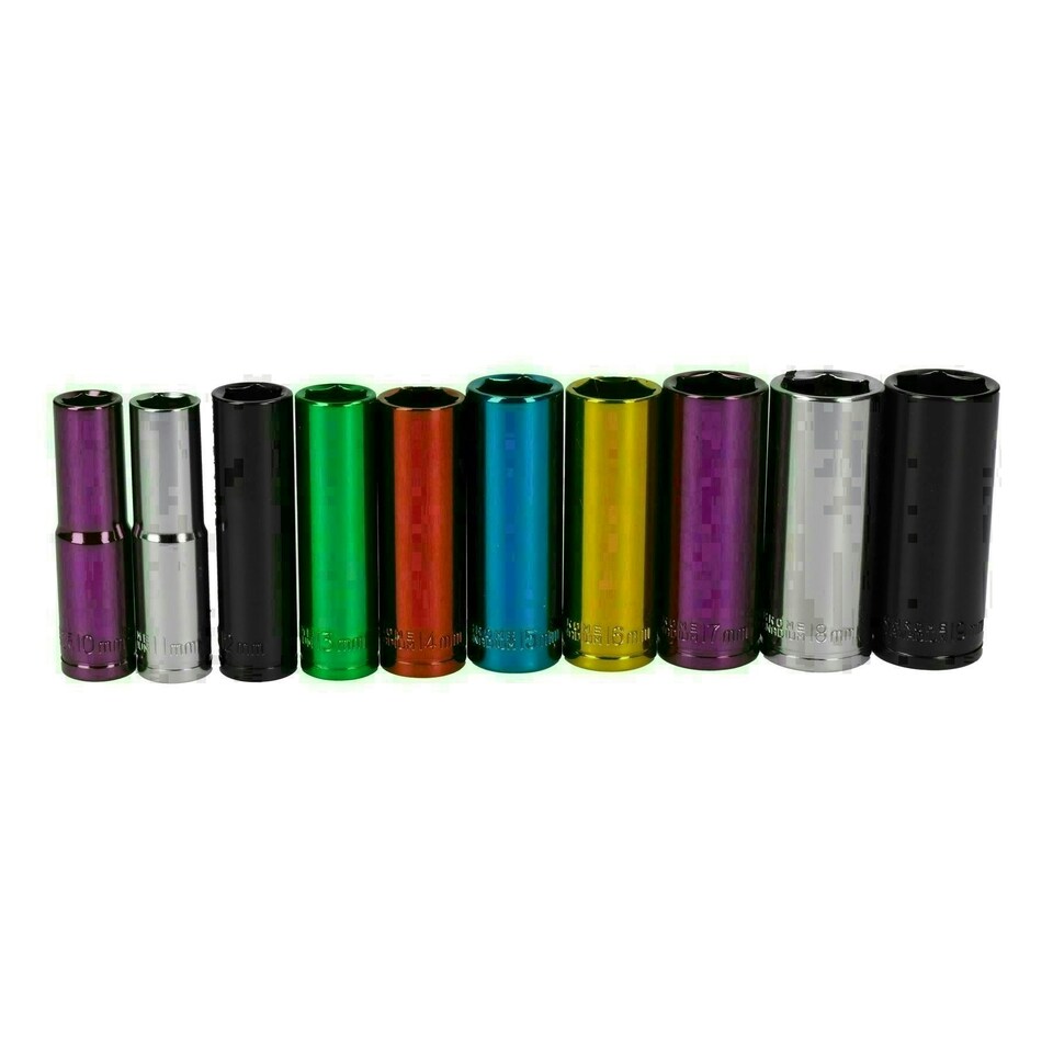 image 1 of 20pc Coloured 3/8" Dr Shallow & Deep Sockets 6 Point Hex Metric 10 - 19mm Rails