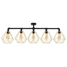 ValueLights Industrial 5 Way Satin Black Pipework Ceiling Light With Gold Cage Shades | Black