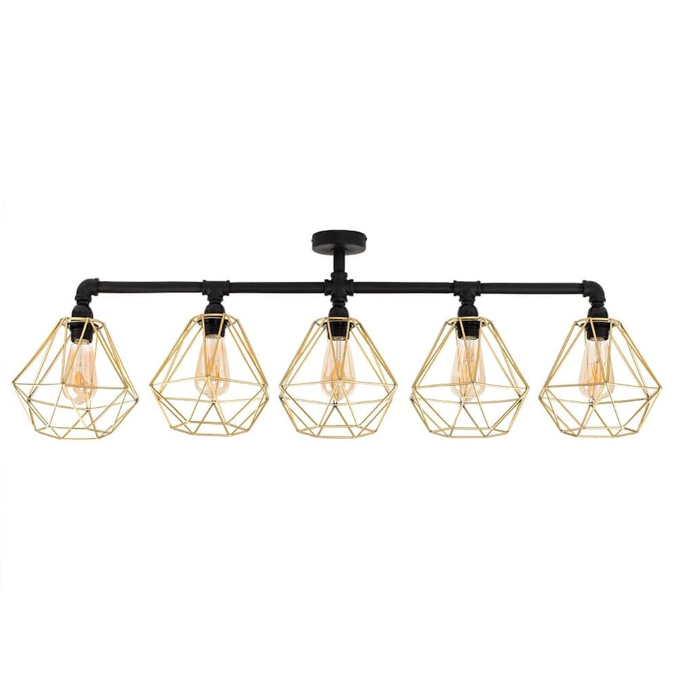 image 1 of ValueLights Industrial 5 Way Satin Black Pipework Ceiling Light With Gold Cage Shades | Black