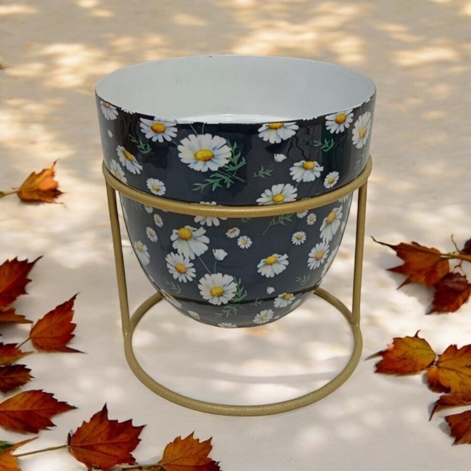 image 1 of Flower Print Design Planter on Stand - L13 x W13 x H13 cm Blue