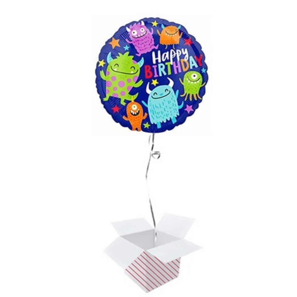 Happy Little Monsters Birthday Round Foil Helium Balloon - Inflated Balloon in a Box