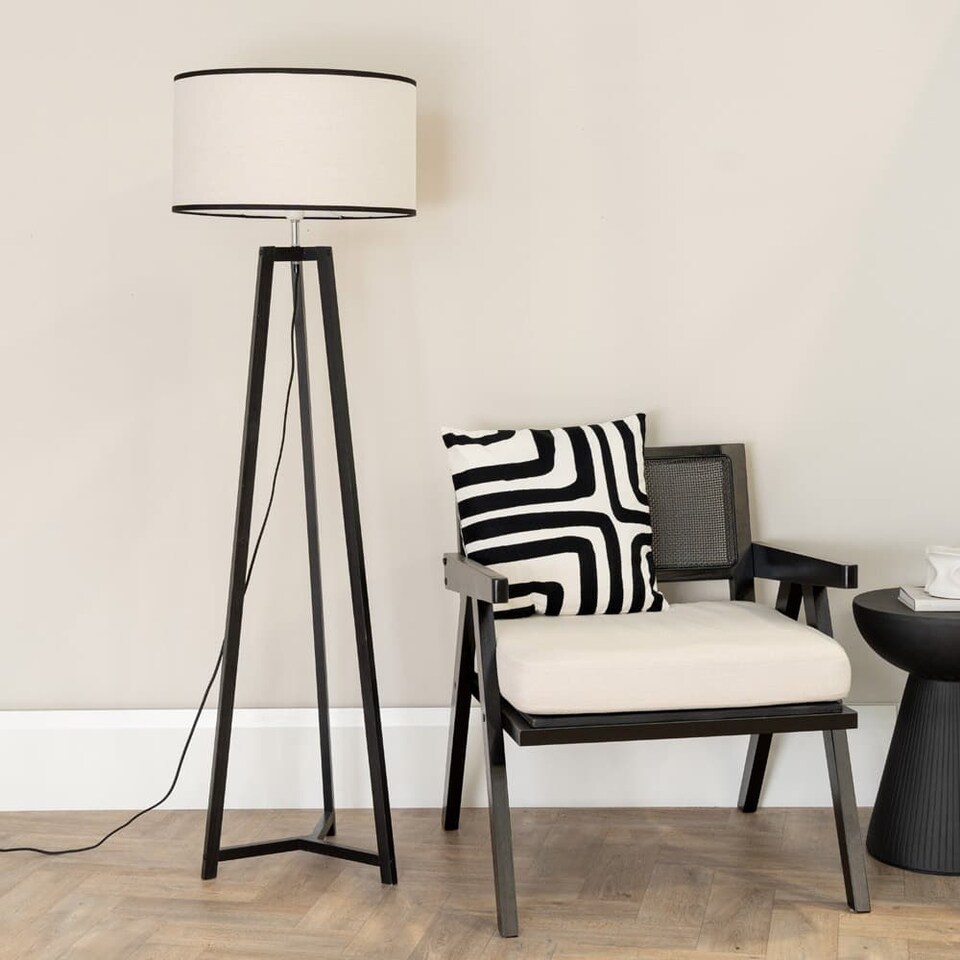 image 1 of ValueLights Lottie Wood Tripod Floor Lamp Linen White Trim Shade & Bulb | Brown | White
