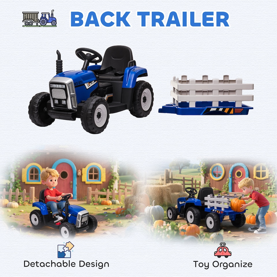 image 1 of HOMCOM Ride On Tractor with Detachable Trailer, Remote Control, Music, Blue