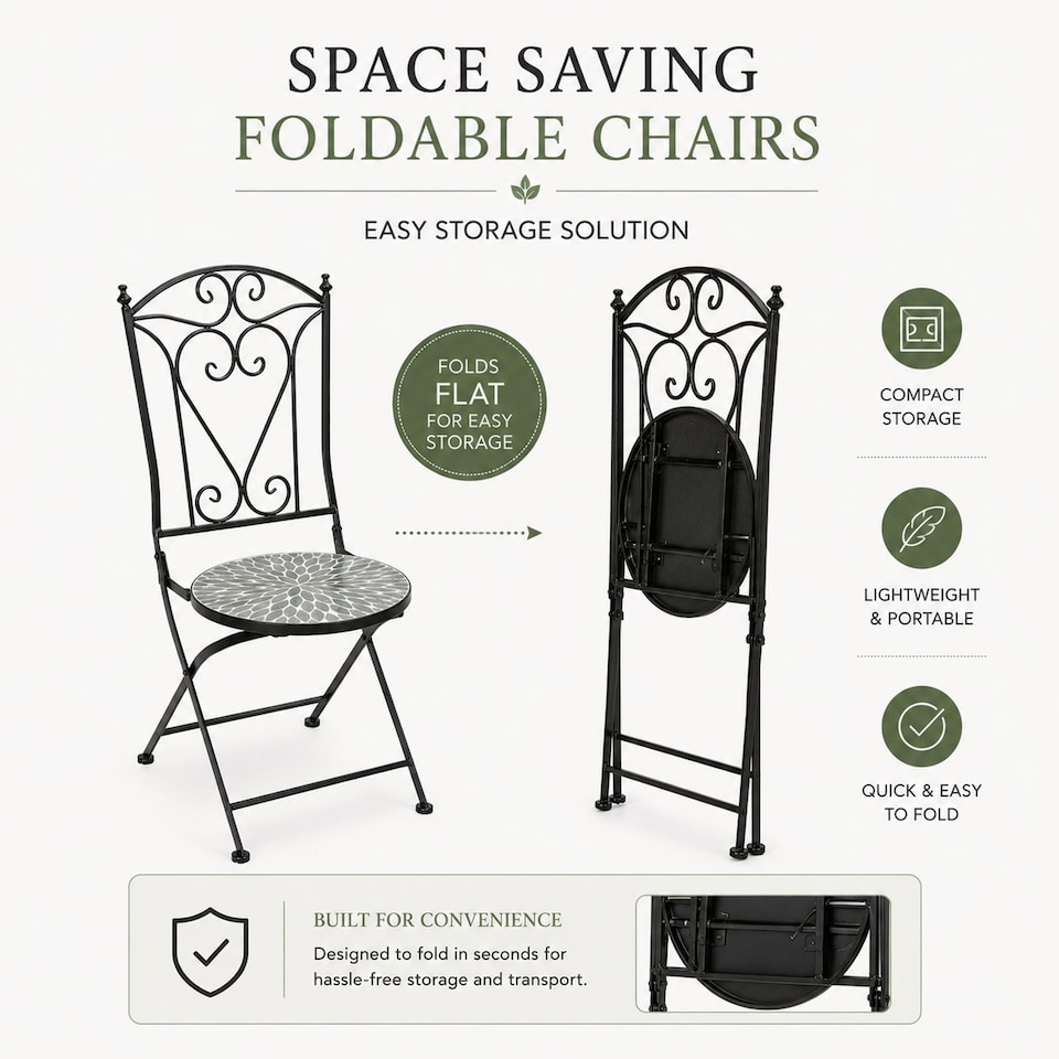 image 1 of Leaf Mosaic Bistro Set with Folding Chairs, Ceramic Top Outdoor Table and Two Seat Garden Furniture for Patio and Balcony