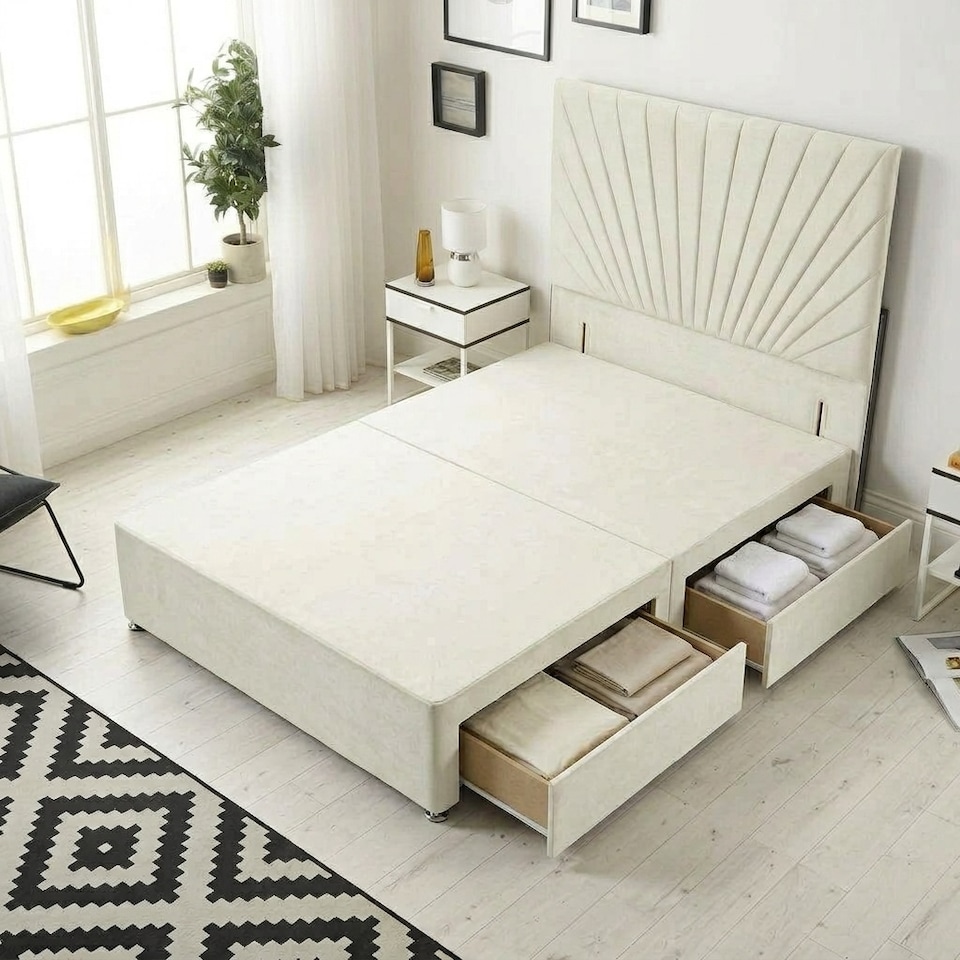 image 1 of Sunburst Divan Bed with 4 Drawers & 54'' Floor Standing Headboard Plush Velvet | Cream | Ivory