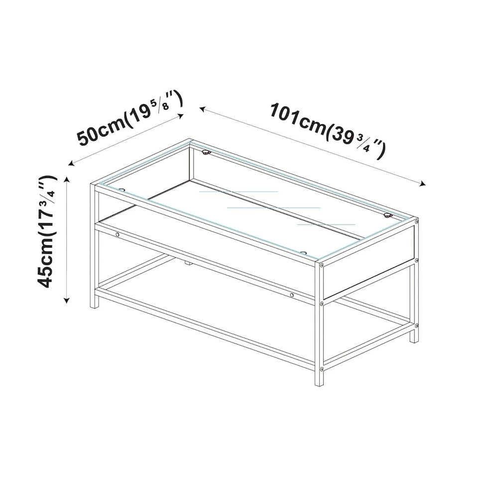 image 1 of Glass Display Top Coffee Table with Steel Frame Reversible Wooden Storage Shelf | Black | Concrete