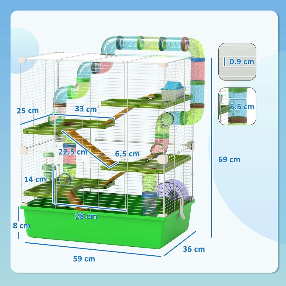 image 1 of PawHut Hamster Cage w/ Water Bottle, Exercise Wheel, Tubes, Ramps - Green