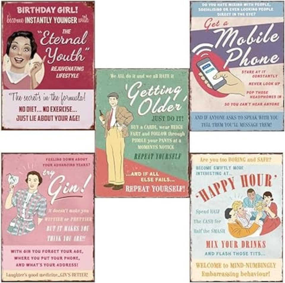 image 1 of Multi Pack of 5 Funny Vintage 1950's Advertising Art. Birthday Cards Multipack of 5.