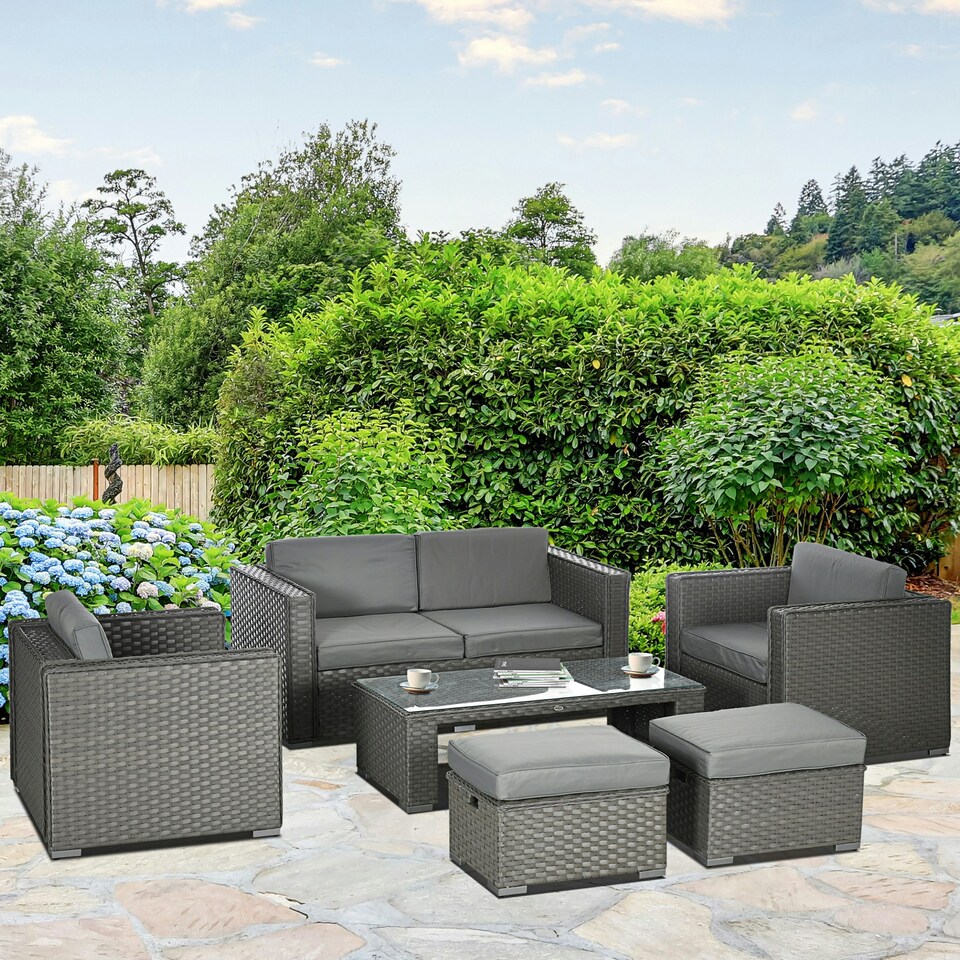 image 1 of Outsunny 6pc Garden Furniture Set Rattan Sofa Outdoor Wicker Table Ottoman Stool
