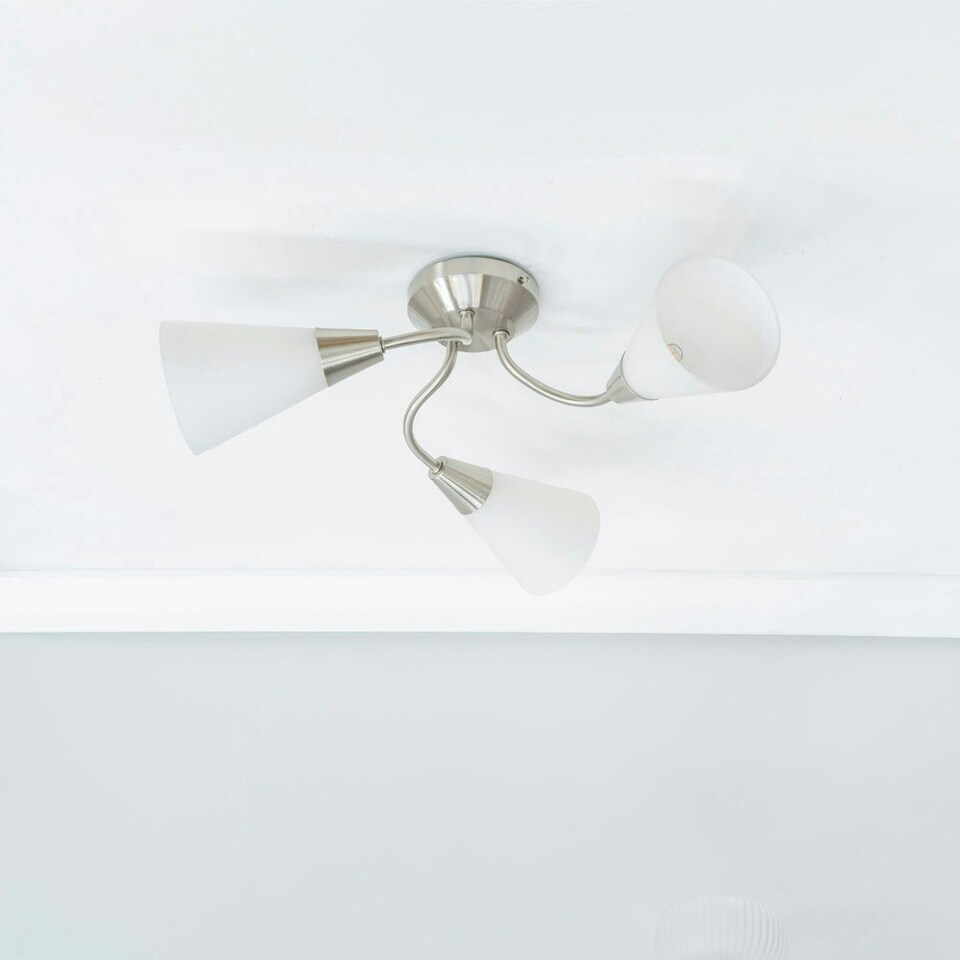 image 1 of ValueLights Kristina 3 Way Silver Curved Metal Flush Ceiling Light with Frosted White Shades