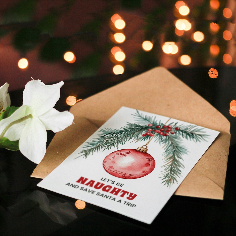 image 1 of Lets Be Naughty And Save Santa A Trip Funny Blank For Him Or Her Art Christmas Card