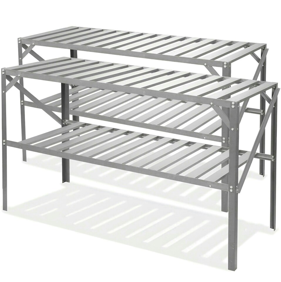 image 1 of Lacewing Twinpack Traditional 2 Tier Greenhouse Staging Shelving Bench in Silver 126cm