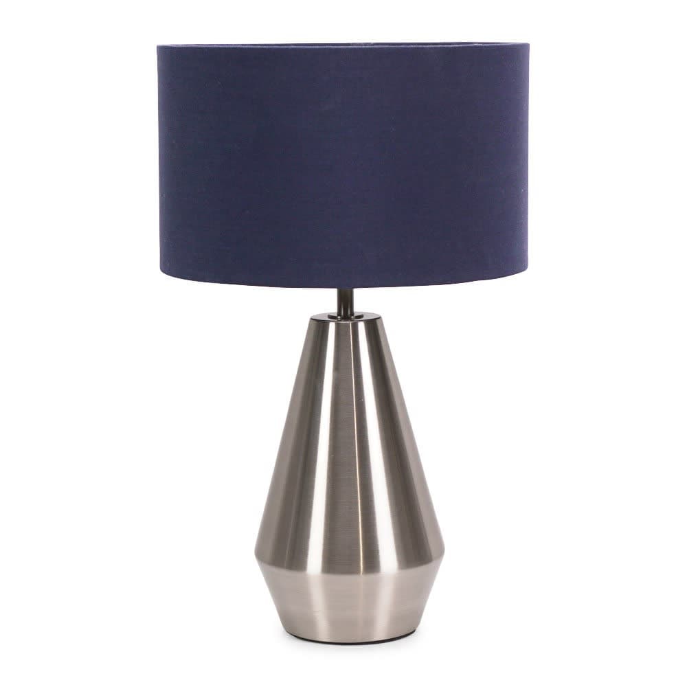ValueLights Jax Brushed Chrome Dimmable Touch Table Lamp with Fabric Drum Shade in Navy
