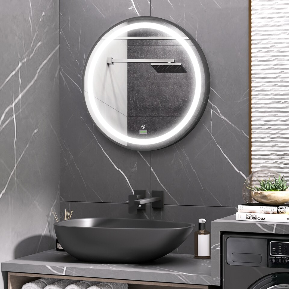 image 1 of kleankin Round LED Bathroom Mirror, Dimmable Lighted Wall-Mounted Mirror with 3 Temperature Colours, Memory Function, Hardwired, Black