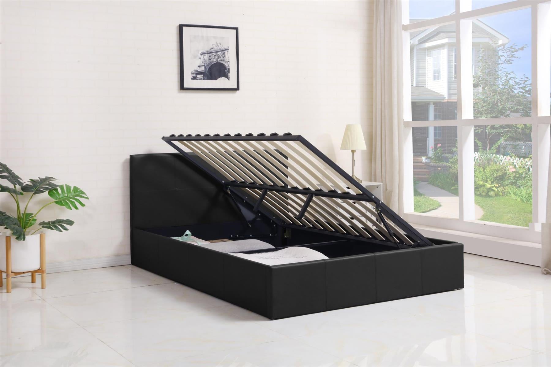 Ottoman Bed Gas Lift Storage Leather Black 4ft Small Double Pine Wood Bedroom