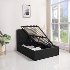 Ottoman Bed Gas Lift Storage Leather Black 4ft Small Double Pine Wood Bedroom