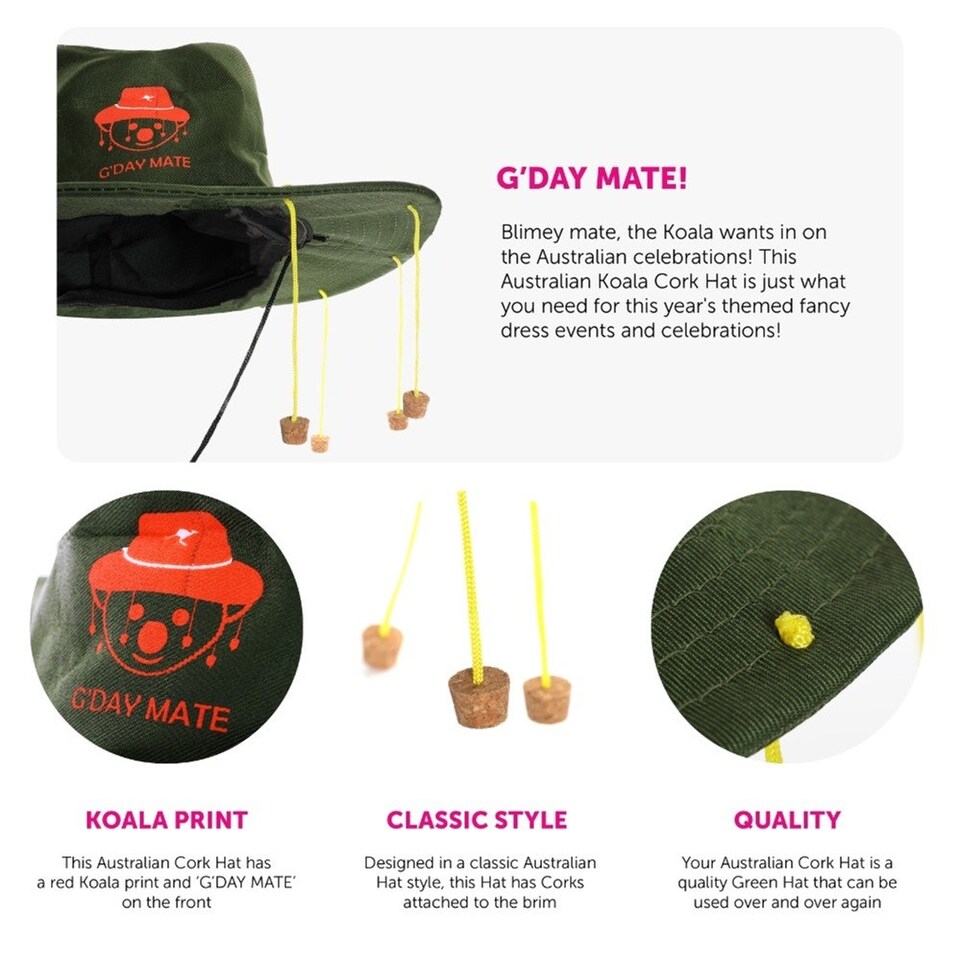 image 1 of Pack of 12 Australian Crocodile Hunter Cork Hat with Koala Print Brown | One Size