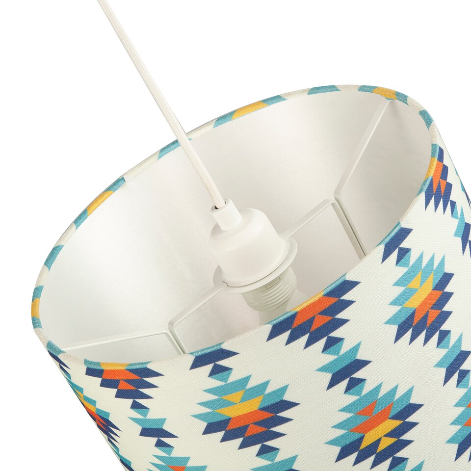 image 1 of Colourful Boho Geometric 12 Inch Drum Lamp Shade in White with Blues and Oranges | Multi | 12"
