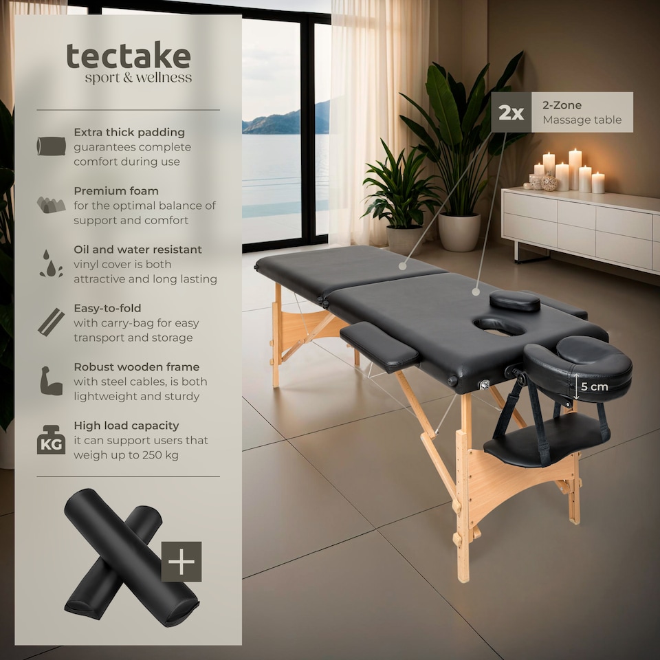 image 1 of Massage Table - 2-zones with wooden frame, bolsters, carry bag, head and armrests | Black | black | 1