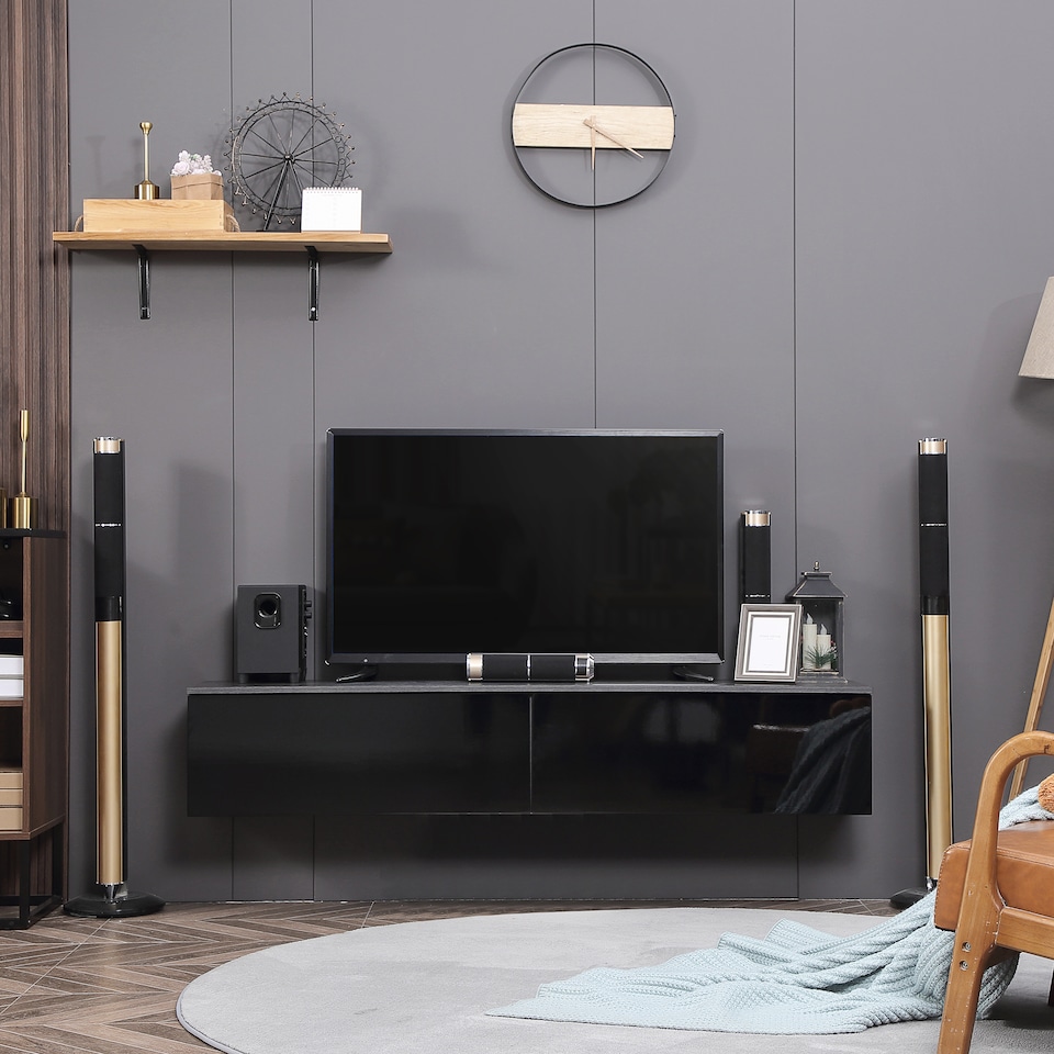 image 1 of HOMCOM 160cm High Gloss Floating TV Unit Stand for TVs up to 70 , Wall Mounted TV Cabinet with Storage Cupboards, Grey and Black