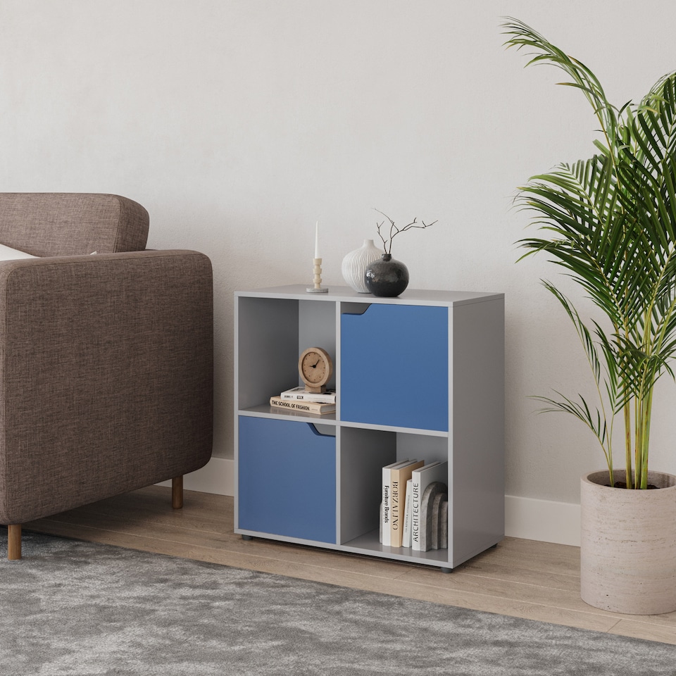 image 1 of 4-Cube Shelving Unit With Wooden Doors - Square | Grey | Grey & Blue | 1