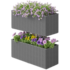 Outsunny Set of 2 Hanging Flower Boxes, 50 cm Long, Rattan Look, Grey Grey | Grey